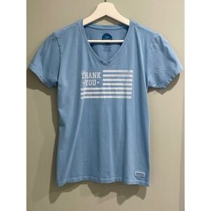 Life is Good Womens Thank You Flag V Neck T Shirt Light Blue XS